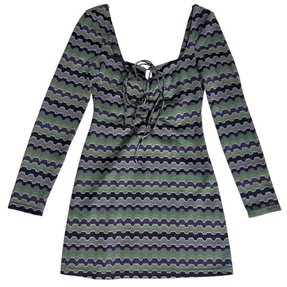 Zara Womens Dress Sz S Green Purple Metalic Geometric Striped Cutout Long Sleeve - Picture 2 of 12